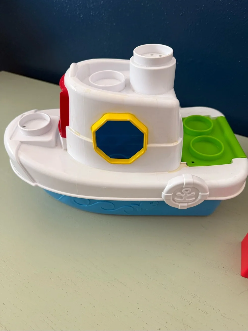 Vintage 2007 Fisher Price Little People Tugboat Shape Sorter with Blocks Flag